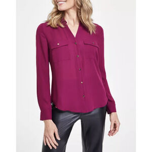 INC Shirt Womens 0X Burgundy Button Front Blouse Gold Buttons Dressy Career Top